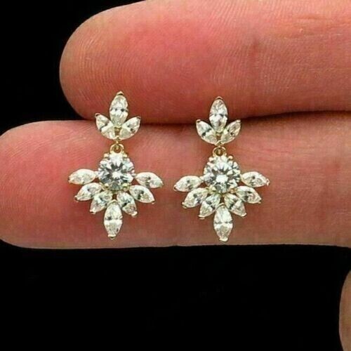 2Ct Round Cut Simulated Diamond Drop Dangle Earrings 14k White Gold Plated