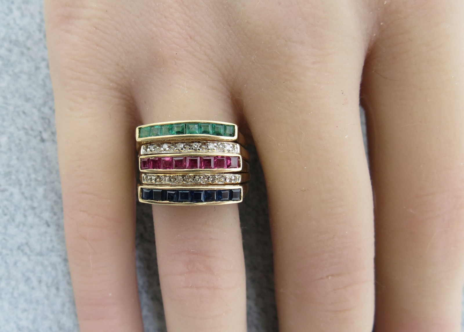 10k Diamond Ring Set Yellow Gold Red Green Princess Cut 8g Stackable Insert 7.5