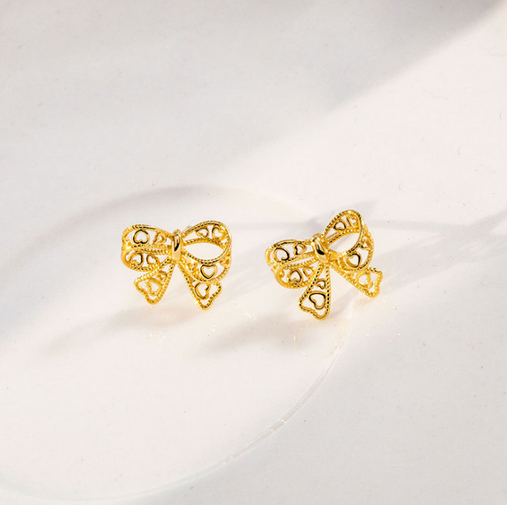 Sterling Silver 925 Hollow Butterfly Knot Stud Earrings Women 13mm Gift Box I44