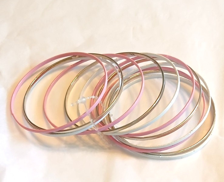 Silver/Pink/White tones 12 bangle set – 2-3/4″ x 1/8″ solid hoops, new condition