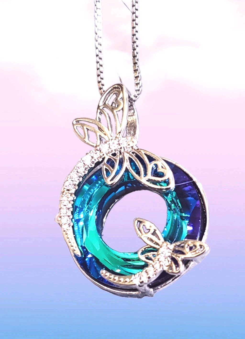Silver Dragonfly Reflective Aqua Blue Purple Pendant Charm Necklace Gift