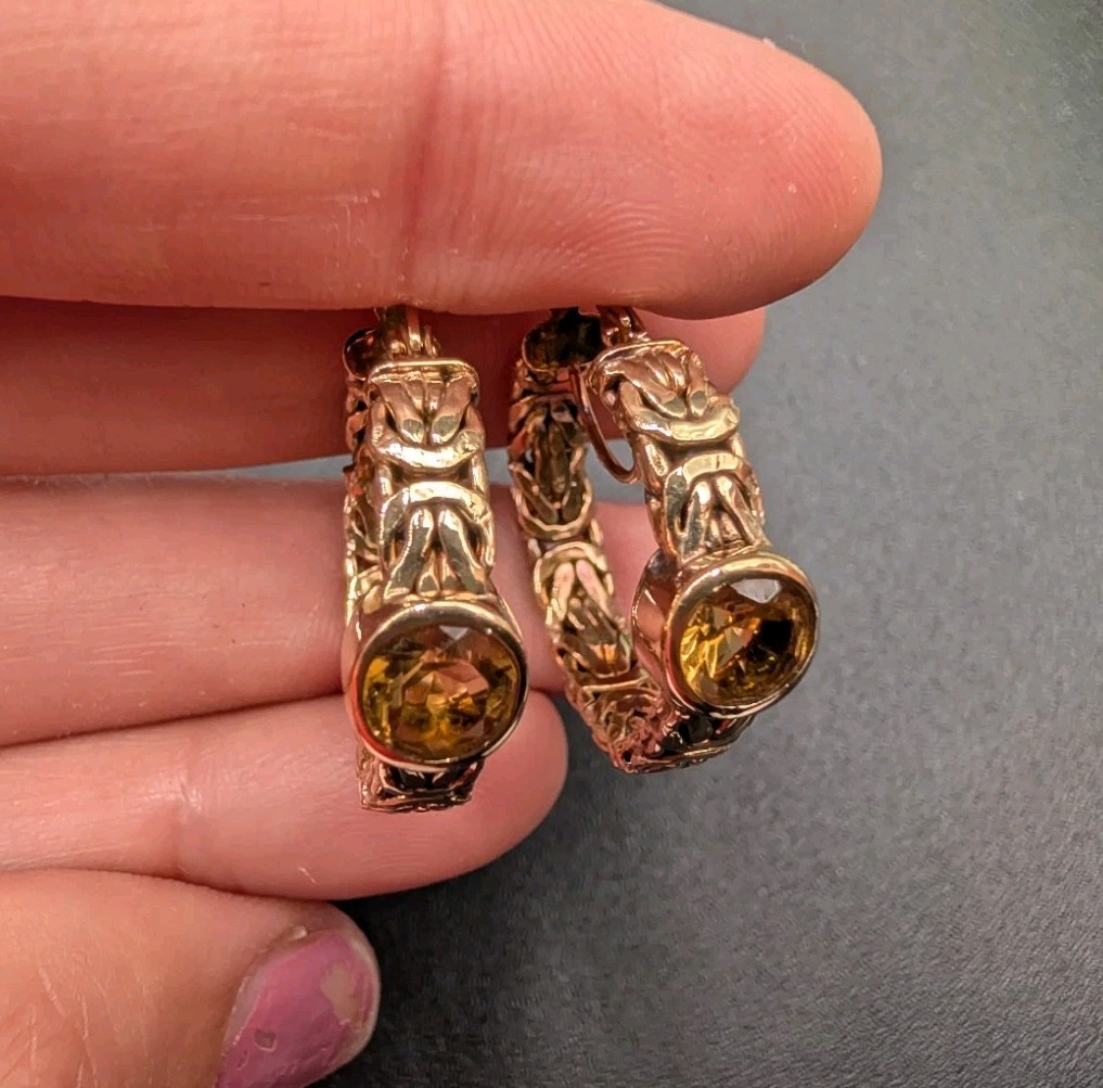 Sterling Silver Gold Vermeil Byzantine Citrine Gemstone OT Turkey Hoop Earrings