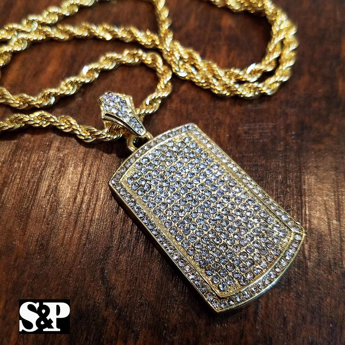 14K GOLD PLATED ALLOY CUBIC ZIRCONIA DOG TAG PENDANT & 24″ ROPE CHAIN NECKLACE