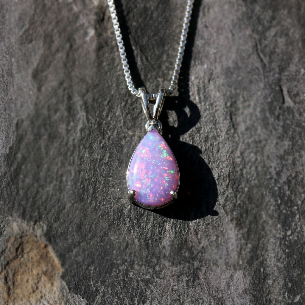 Natural Purple Fire Opal Droplet Necklace Silver Teardrop Jewelry Gift for Women