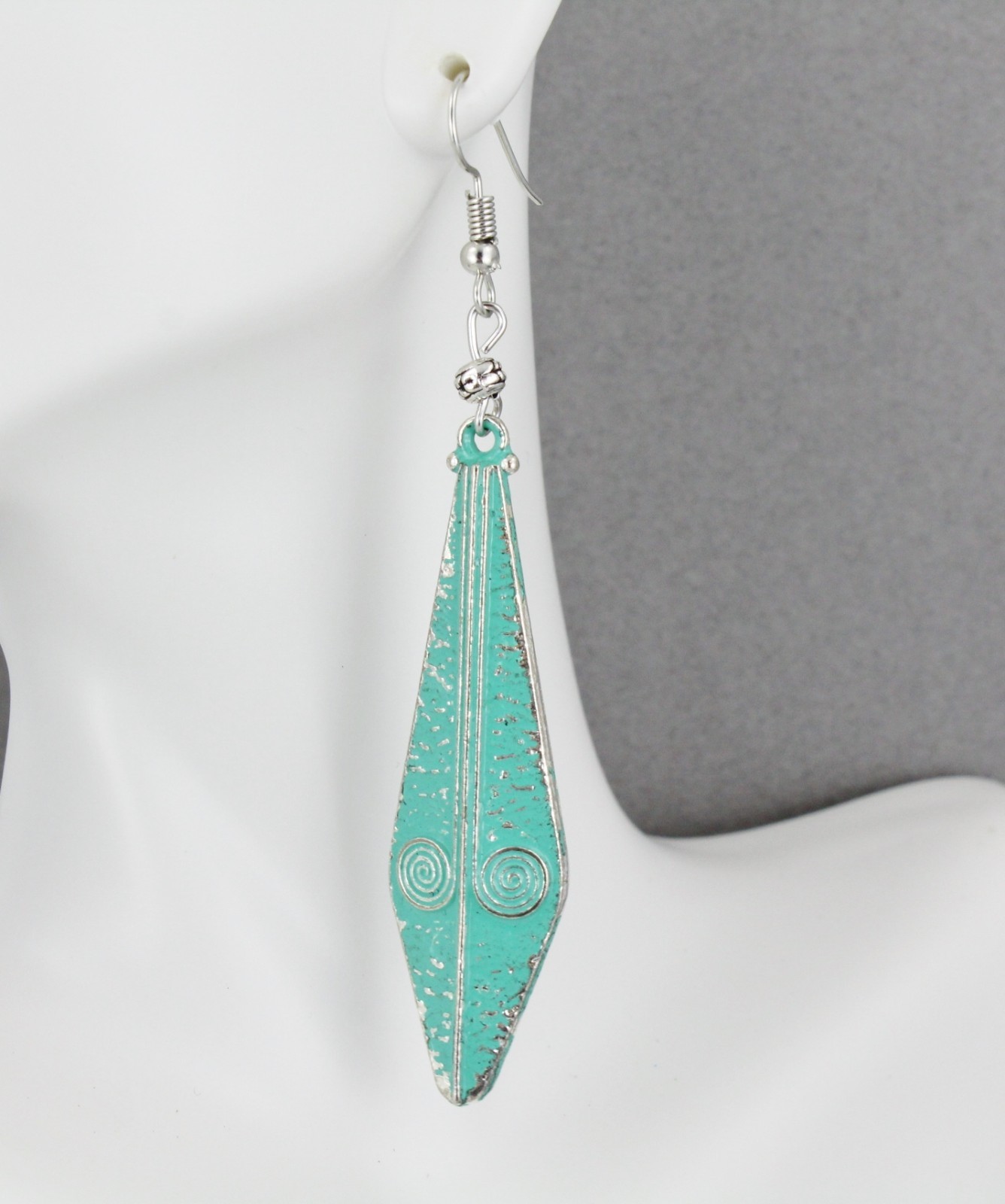 Turquoise Silver earrings oval dangle pendant earrings antiqued patina 3.25″long