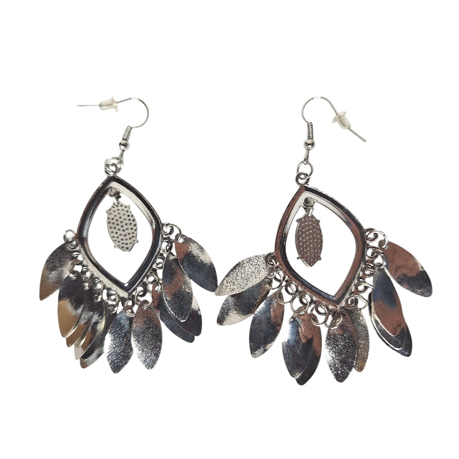 Elegant Silver Tone & Coral Dangling Teardrop Earrings With Leaf Charms