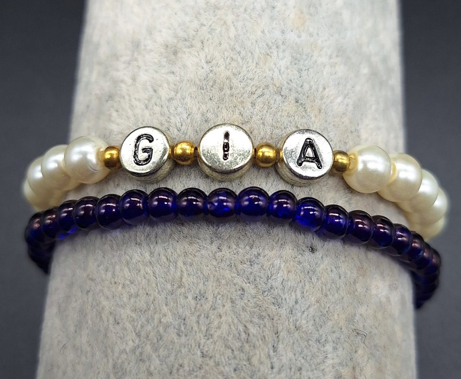 Set of Two White and Blue Handmade Bracelet w Glass Beads and Initials GIA Beads