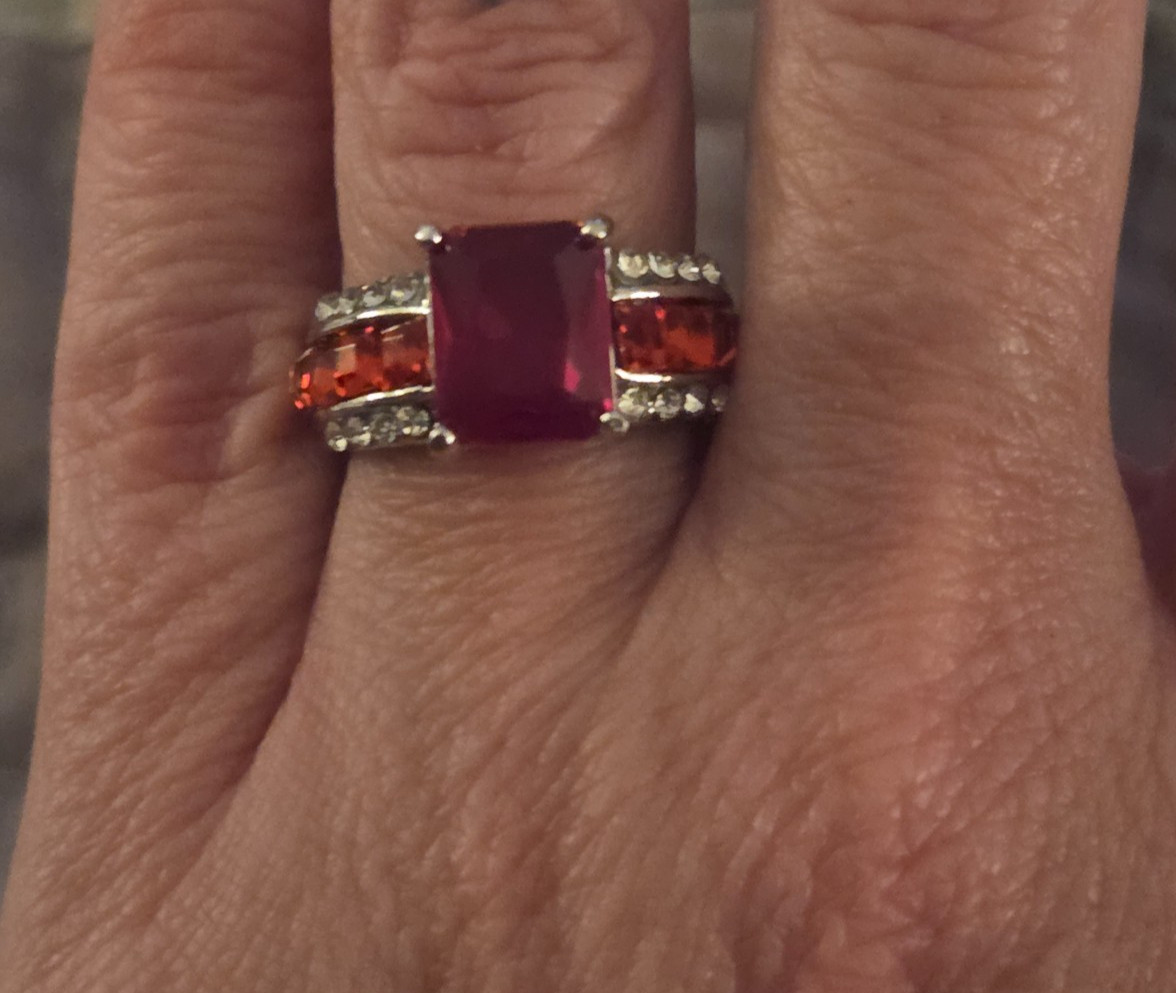 Beautiful fashion created ruby split shank ring side diamonds size 6 silver