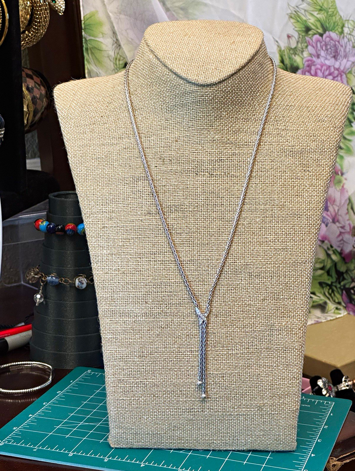 14K white gold Rope Chain Y-Drop Lariat Necklace Diamond Accent Spring Ring