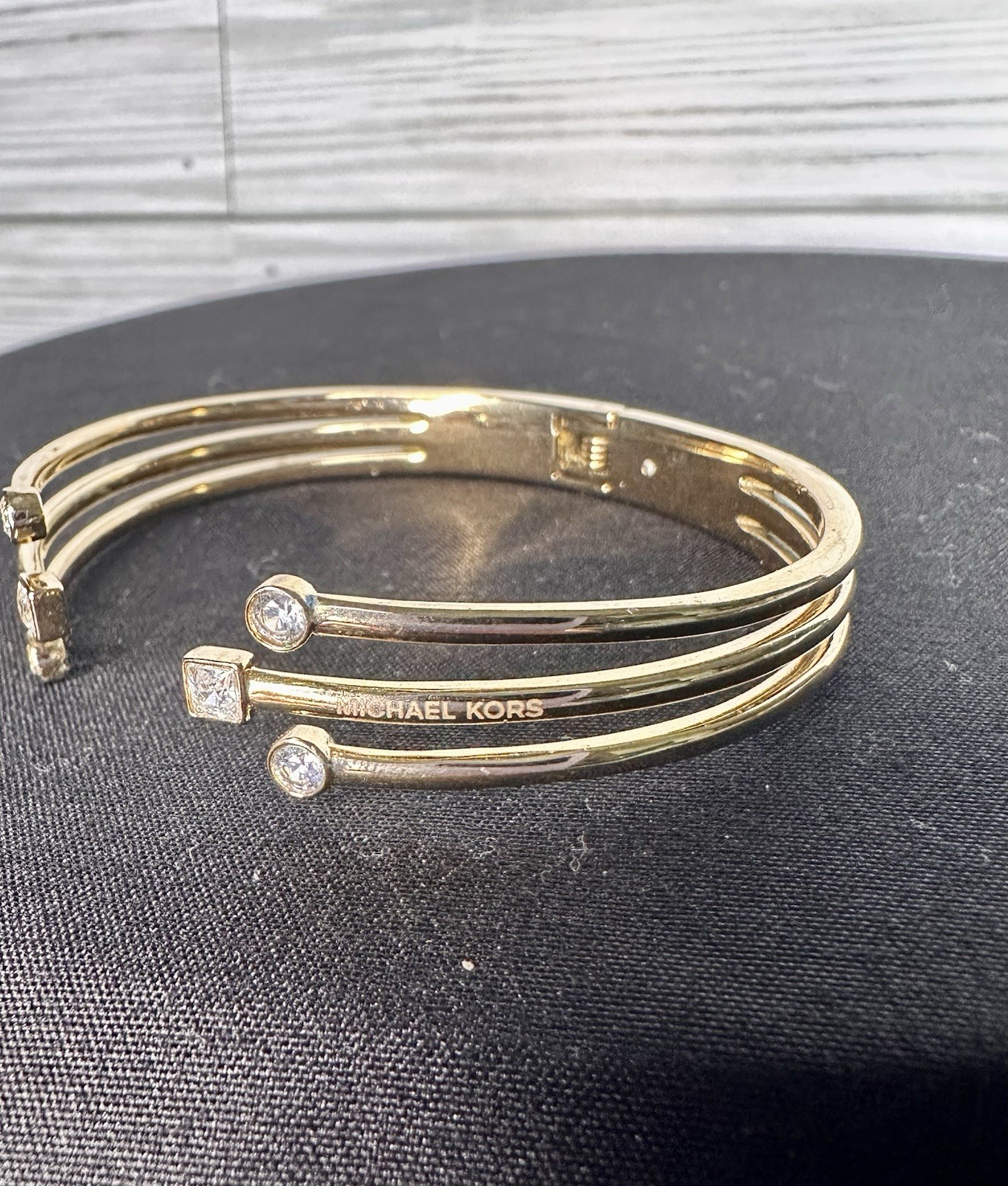Michael Kors CZ Open Cuff Bracelet Triple Row Gold Tone 6.5 In