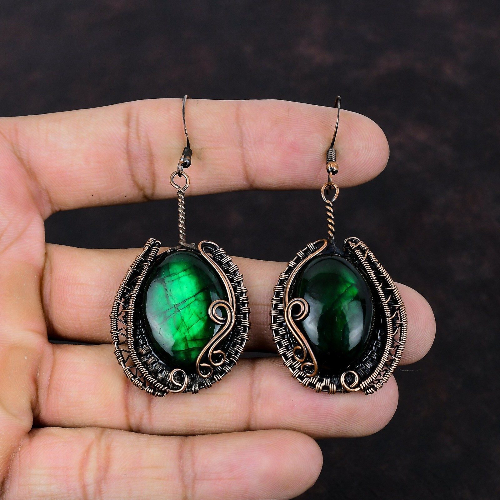 Green Fire Labradorite Copper Gift For Briedsmaid Wire Wrapped Earrings 2.76″