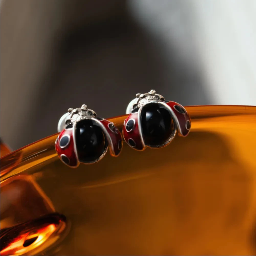 Oxidized Silver Ladybug Studs, Gemstone Earrings, Valentine’s Day Gifts
