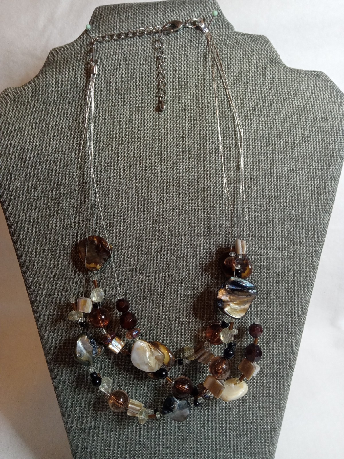 Classic Three Strand Multi- Brown Mix Bead Abalone Shell Necklace 20″ Long