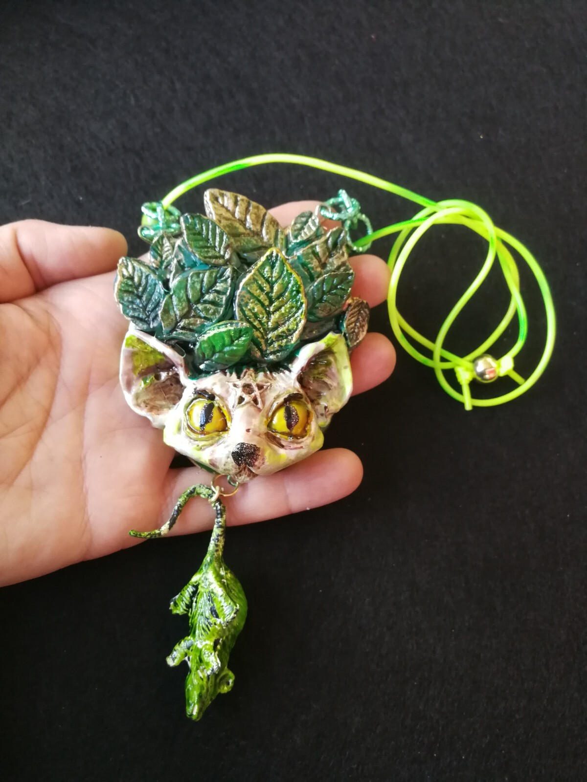 Green Witch Wicca Talisman Celtic Amulet Pendant Charm Forest Leaf Cat Nature