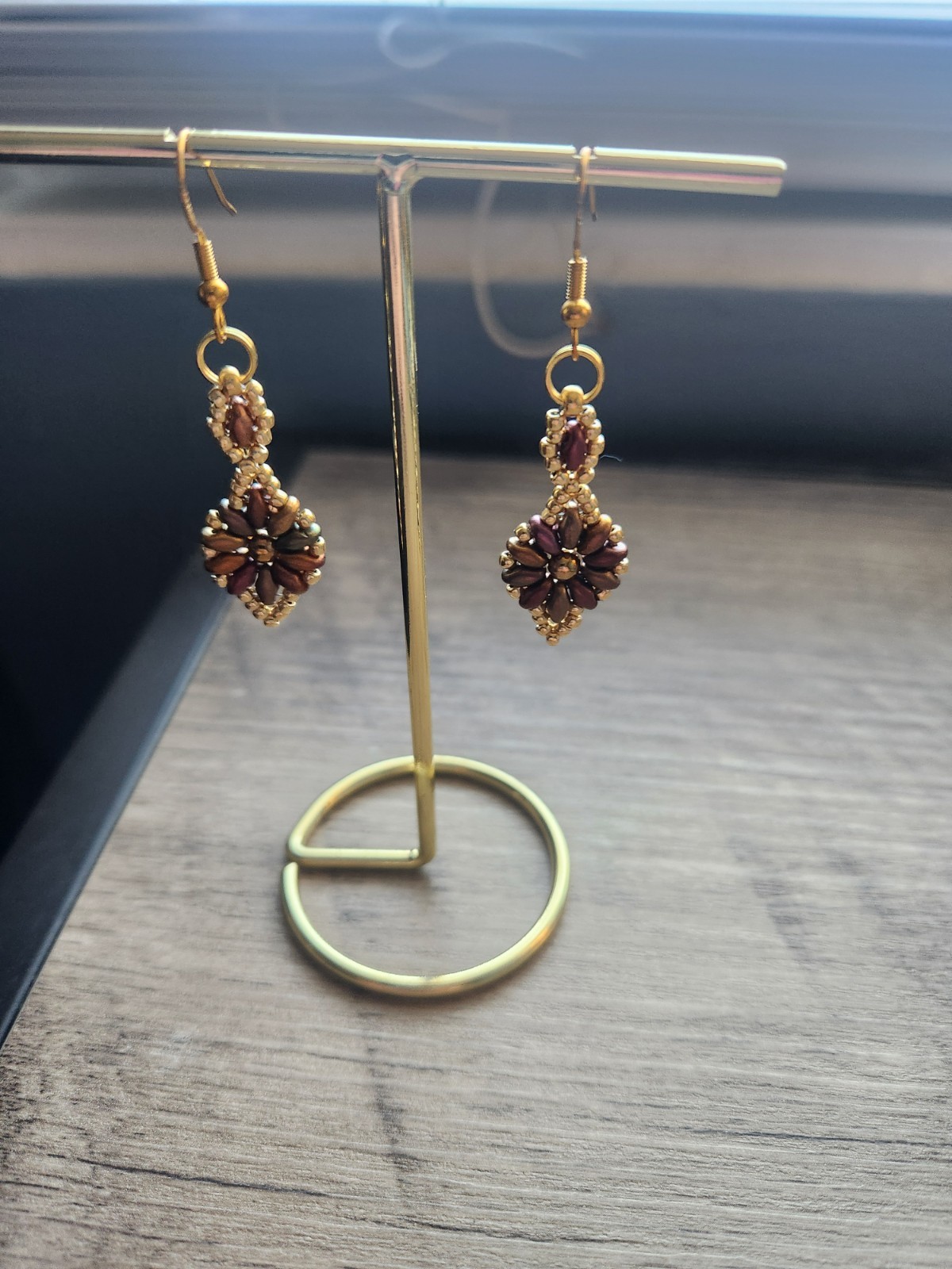 Gold Brown Flower Dangle Drop Beaded Metal Earrings Hook Closure
