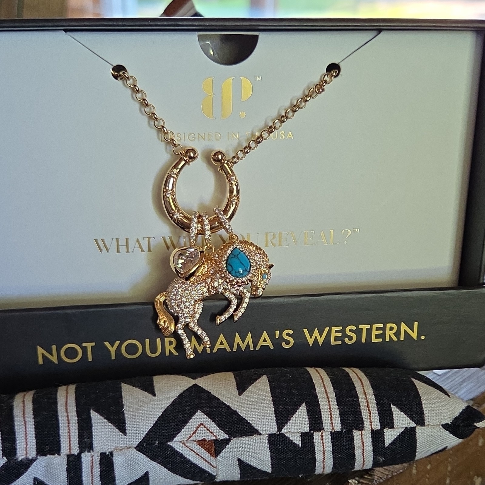 BP Outlaw Raised Untamed Horse Necklace Turq Gold Plated Removable Pendant NIP