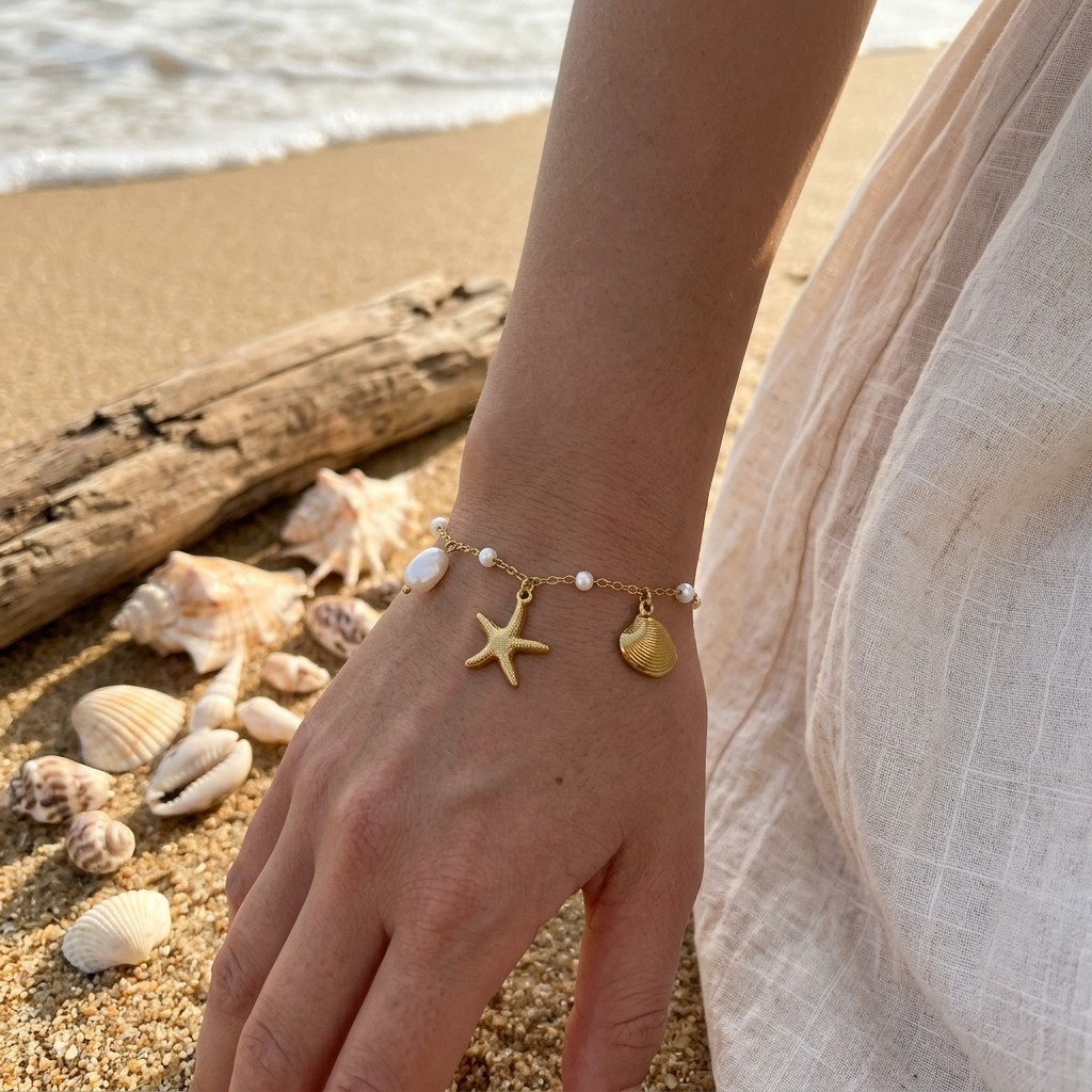 Gold Plated Starfish Shell Pearl Bracelet Adjustable Ocean Theme Chain Jewelry