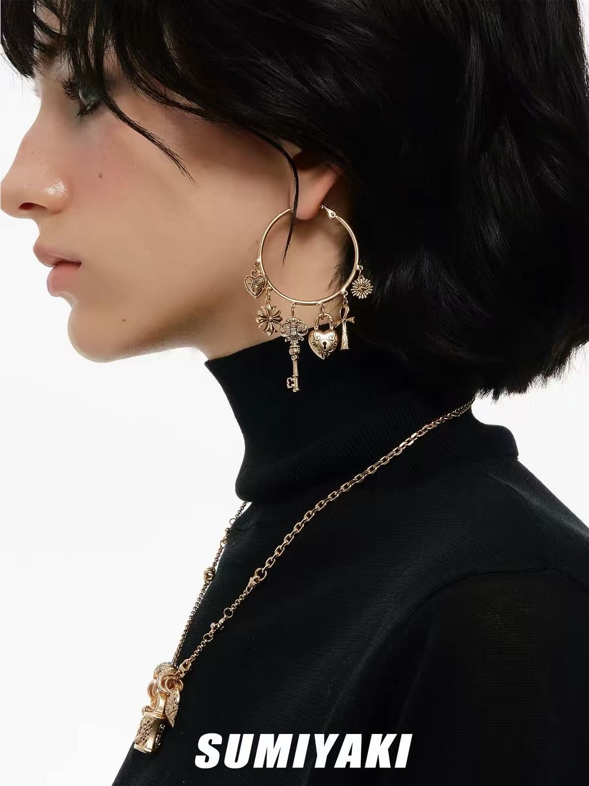 Key & Heart Drop Earrings Copper Zircon 925 Silver Needle, Gold & Silver