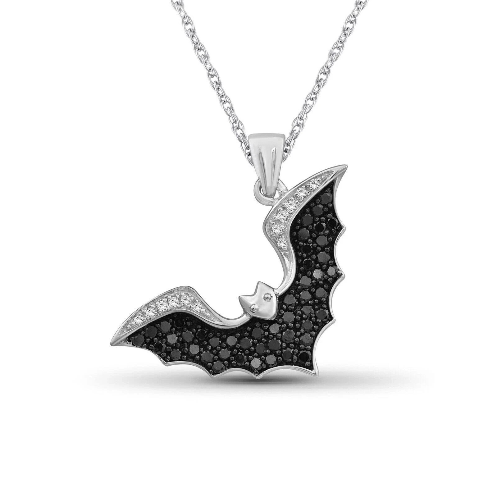 0.50 Ct Round Simulated Black Diamond Flying Bat Pendant 14K White Gold Plated