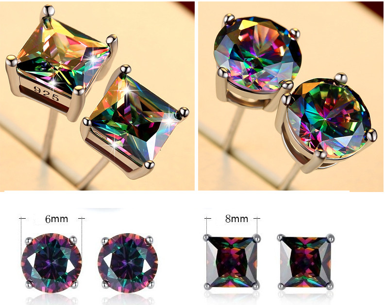 6mm Silver Square Round Mystic Fire Rainbow Topaz Princess CZ Stud Earrings PE22