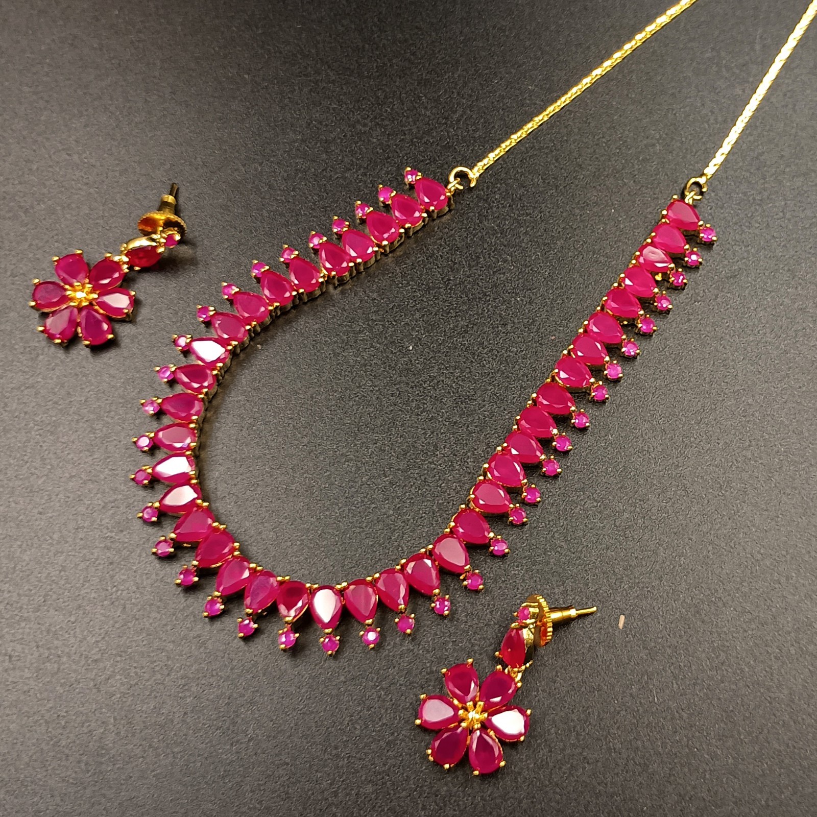 Vintage Ruby Necklace Set 22K Gold Plated Boho Bridal Anniversary Birthstone Gif