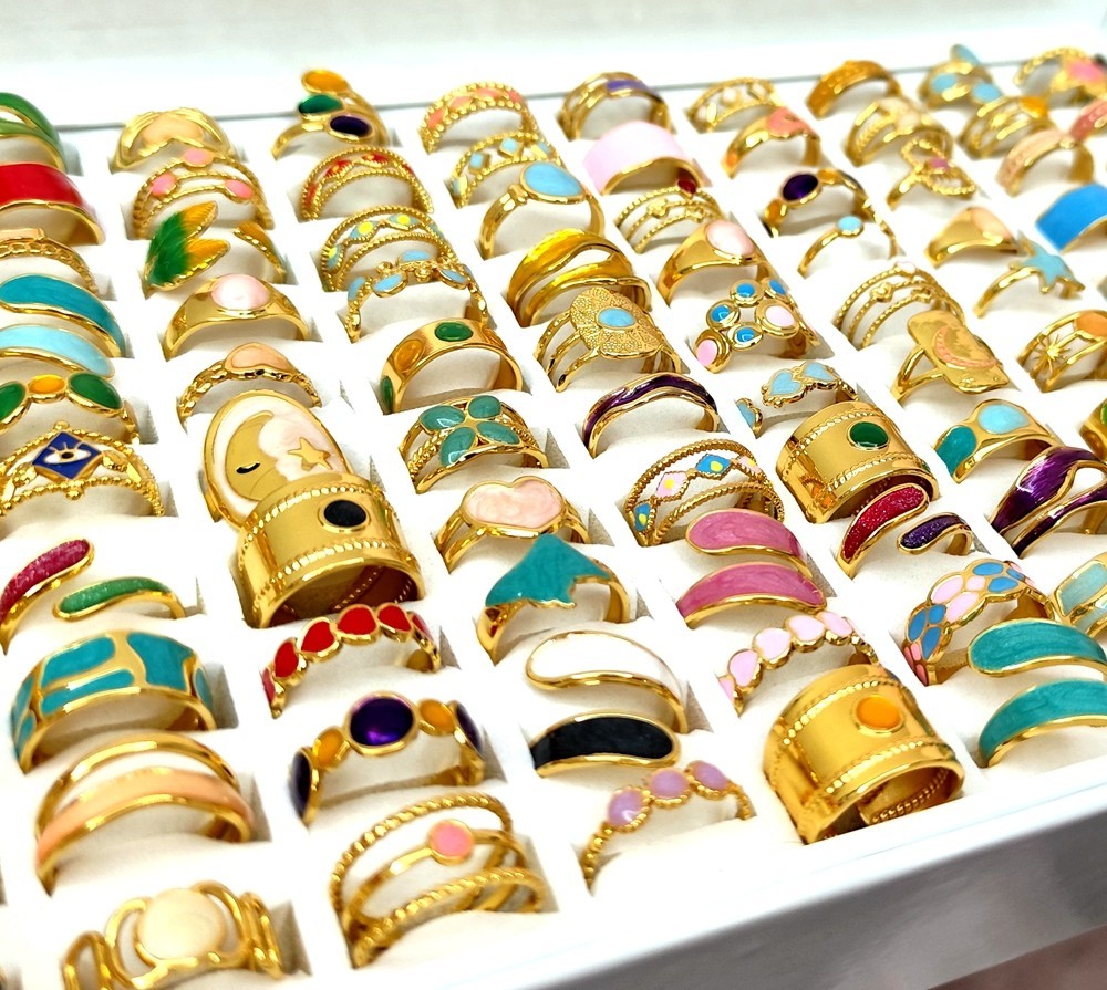 20Pcs Luxury Gold 316L Stainless Steel Color Enamel Wedding Party Ring Open-end