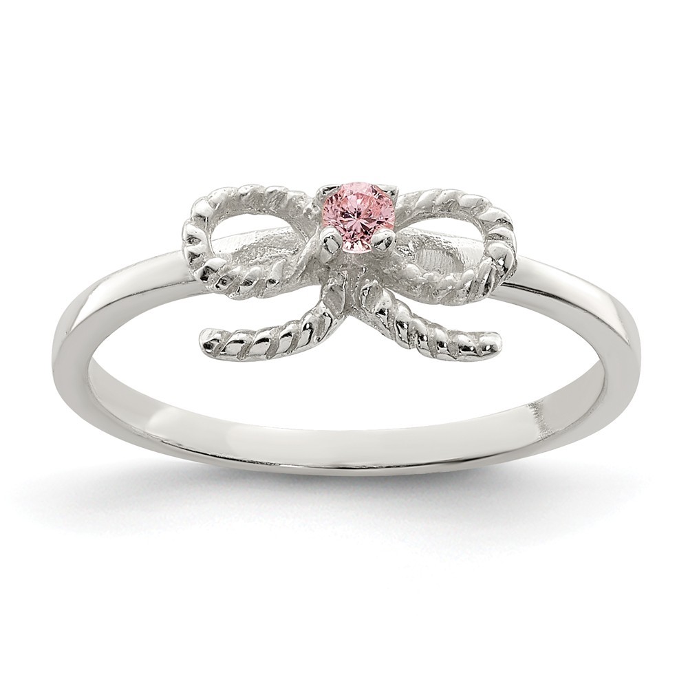 .925 Sterling Silver Children’s Pink CZ Bow Kid’s Ring Sizes 3 to 4