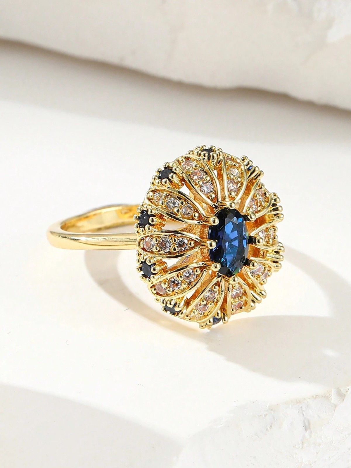 Gold Plated Vintage Floral Blue Sapphire CZ Halo Statement Ring Womens