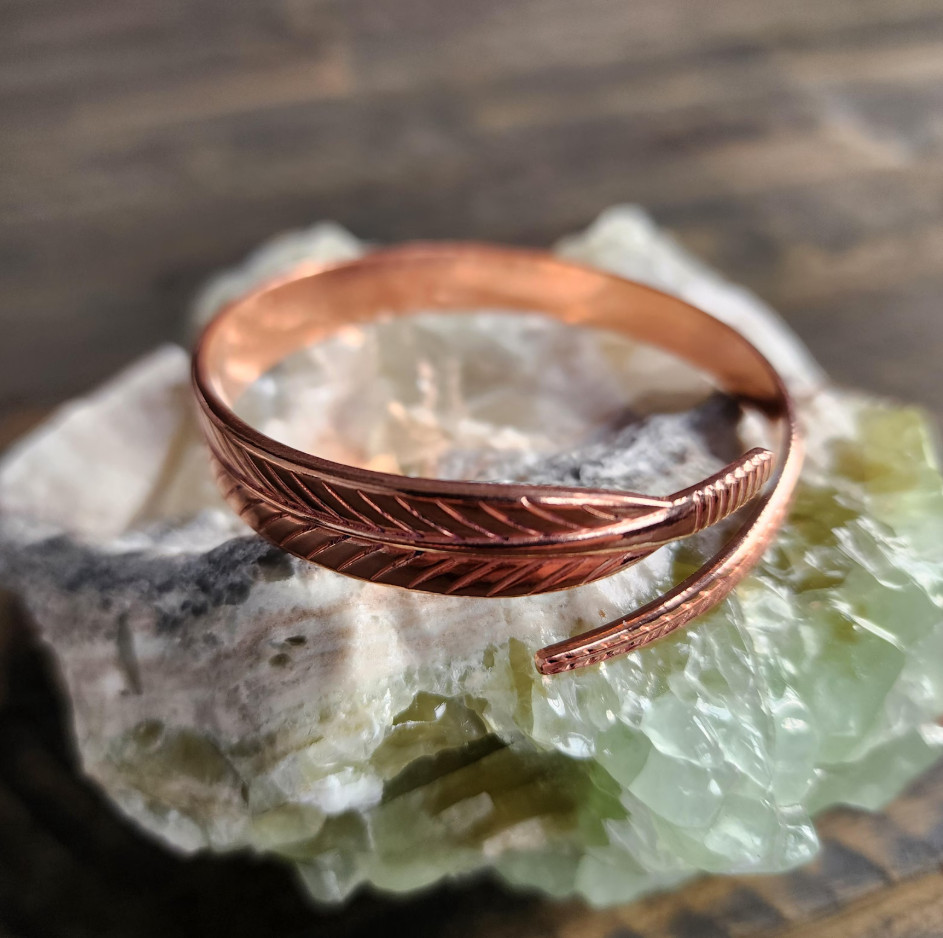 Pure Copper Feather Cuff Bracelet Adjustable Boho Open Bangle Nature Inspired