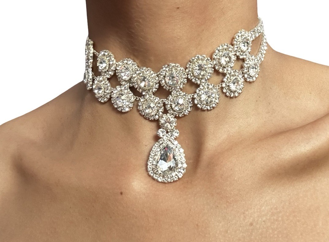 Double Circle Rhinestone Crystal Choker Statement Necklace Teardrop Pendant