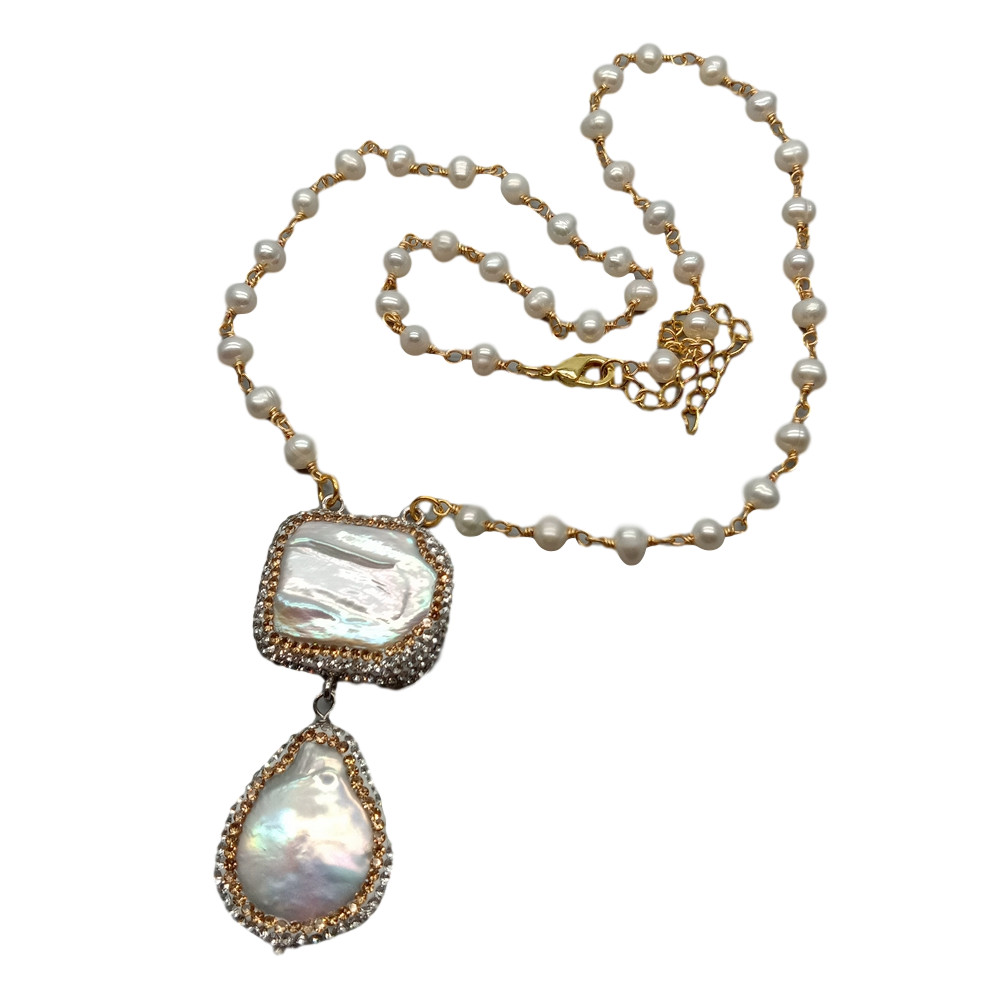 20″ Freshwater Cultured White Pearl Rosary Chain Necklace Keshi Pearl Pendant