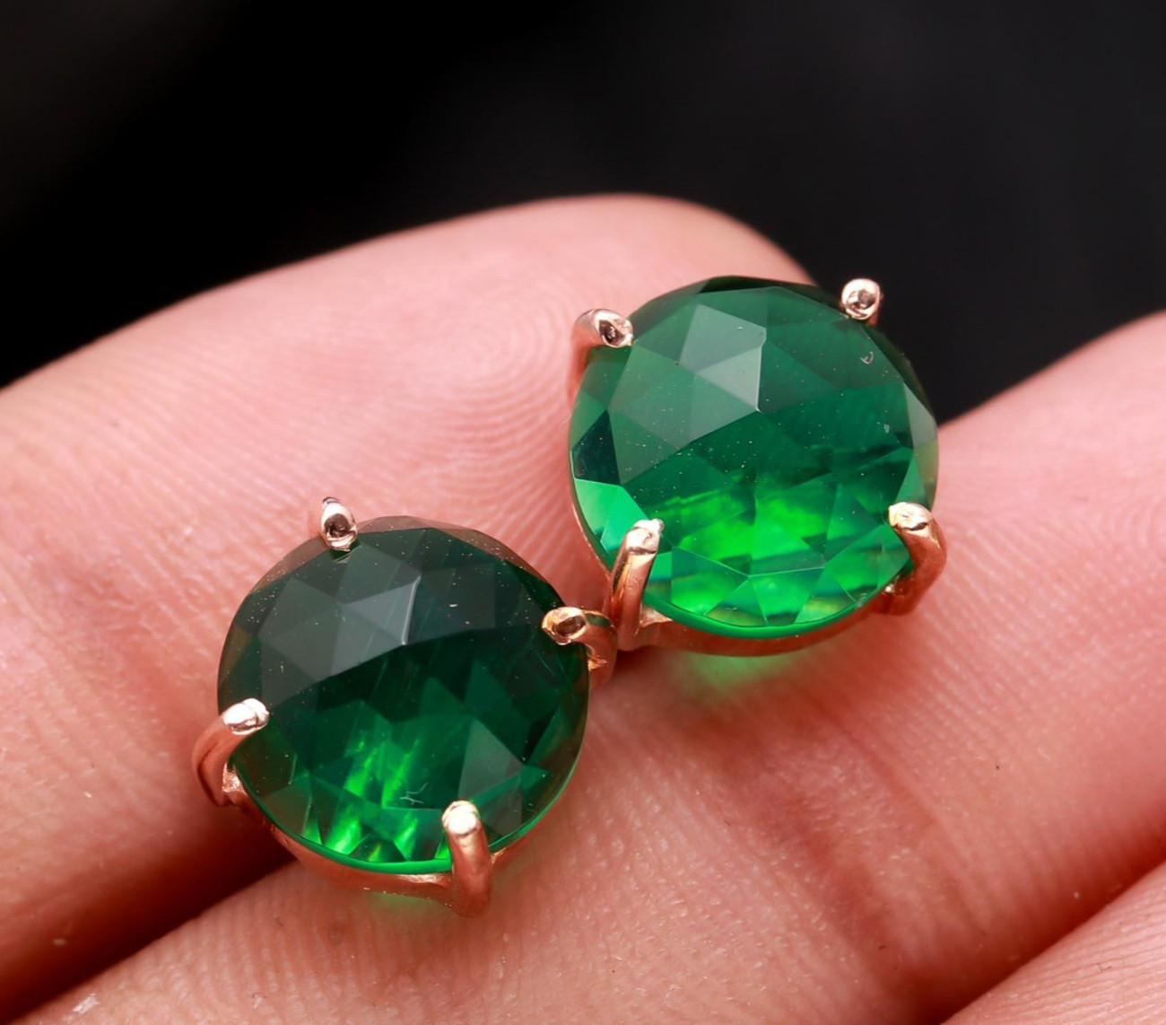Natural Green Emerald Round Stud Earrings Rose Gold Fill Solid Silver Jewelry