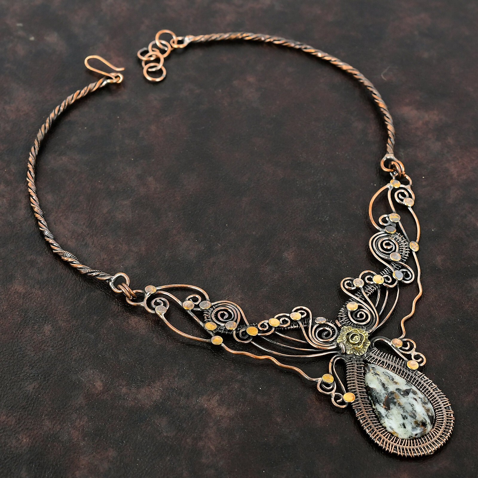 Gift For Her Copper Astrophyllite Wire Wrapped Flower Adjustable Necklace 18.0″