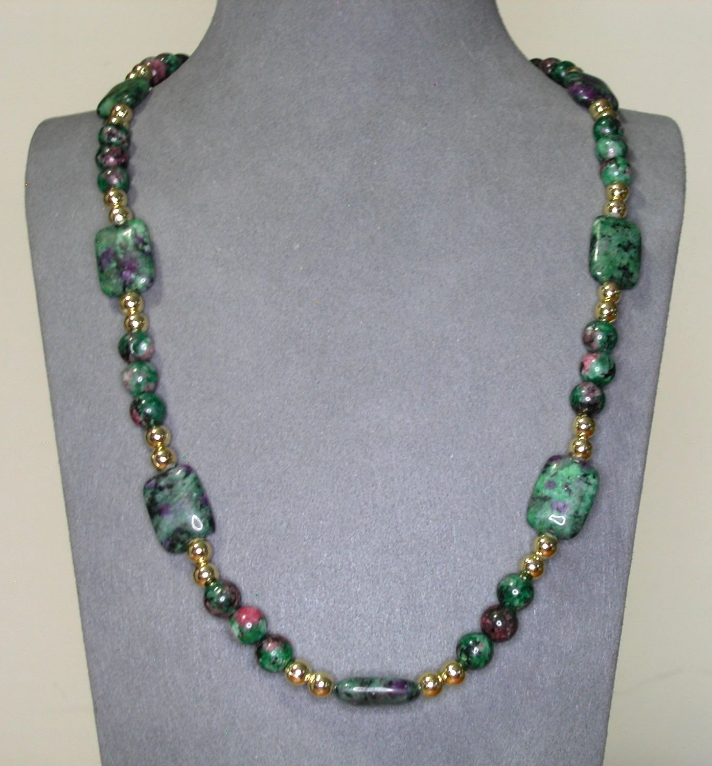 Ruby Zoisite & Gold Bead Necklace With Toggle Clasp 30 Inches Long
