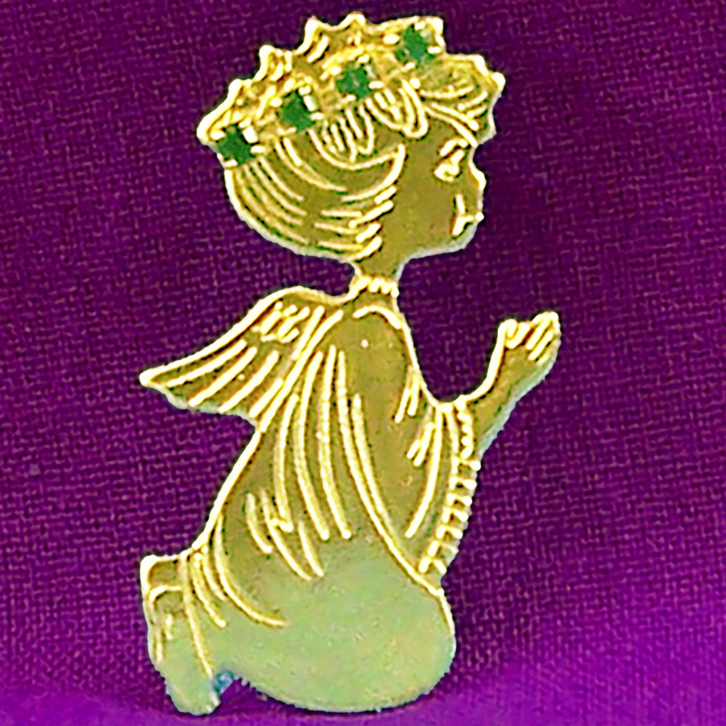 Vintage Small Pin Angel Praying Green Rhinestone Gold Tone Metal Brooch