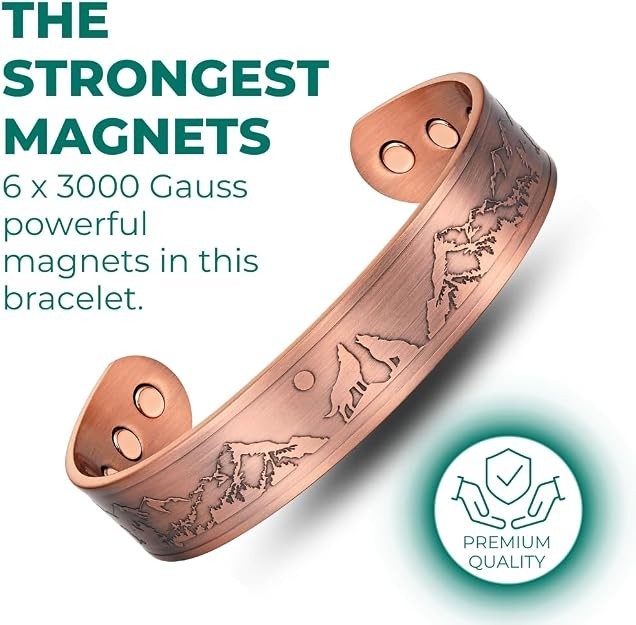 Mens Copper Bangle Wolf Bracelet Howling Wolves With Full Moon Wildlife Design