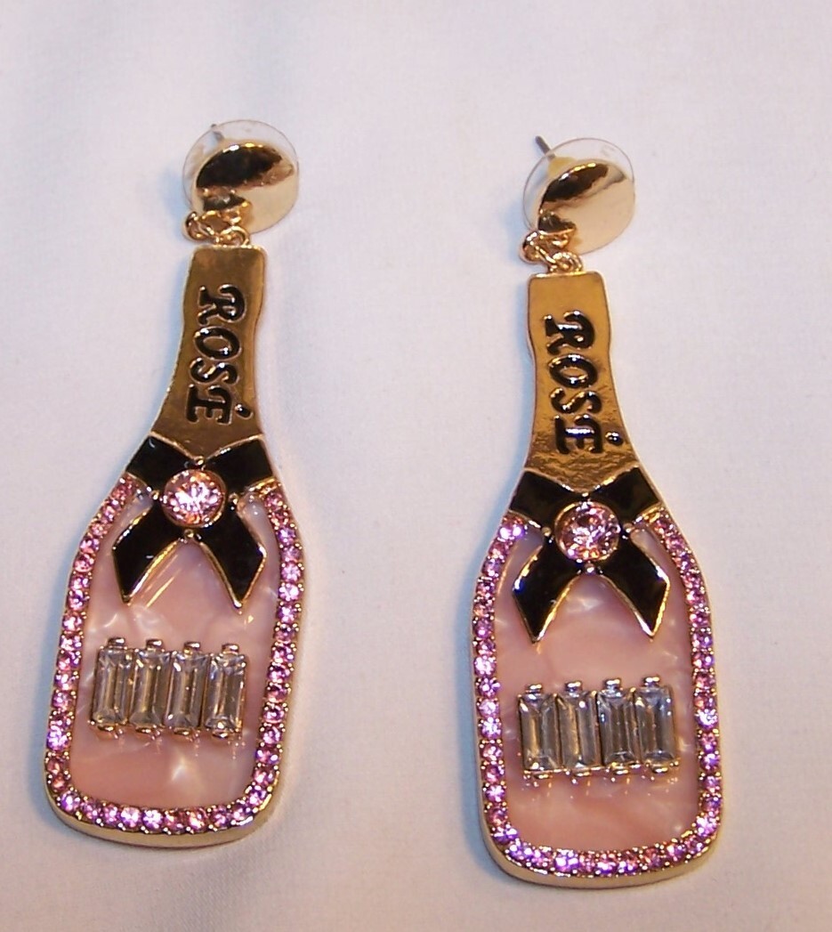 Rose Wine Bottle Earrings Rhinestones Pink Clear Stones-New