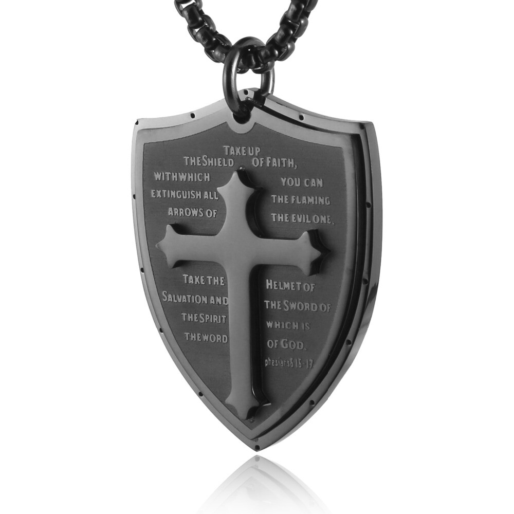 Men Shield Armor of God Ephesians 6:16-17 Cross Stainless Steel Pendant Necklace