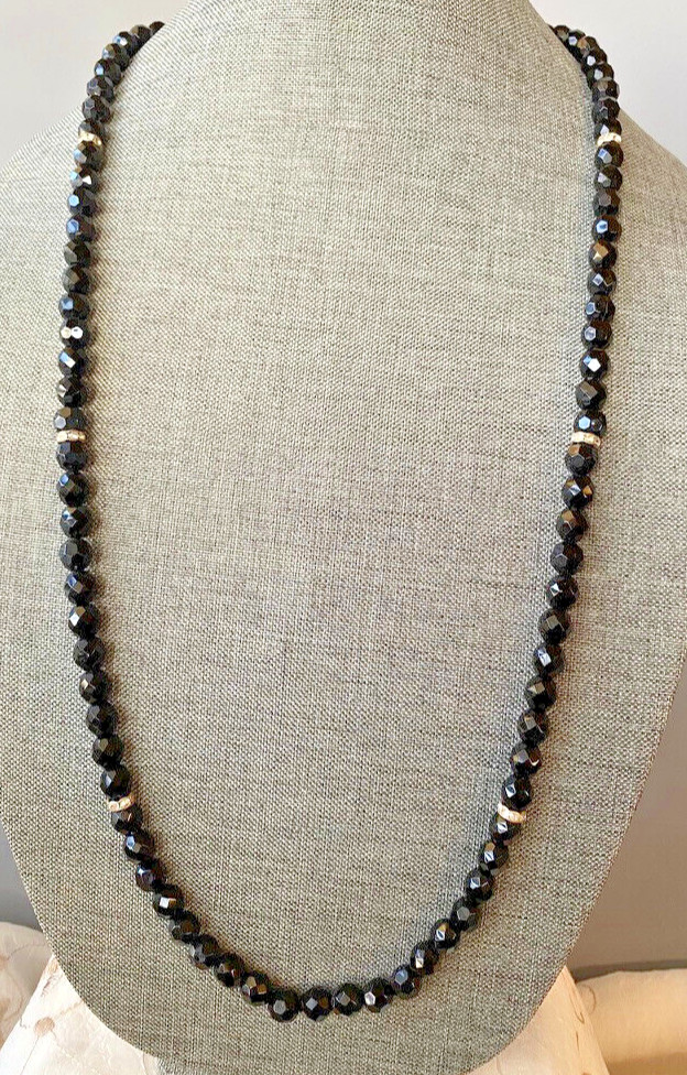 Fantastic Heavy Black Glass Beads with Rhinestone Spacers 36″ NK156