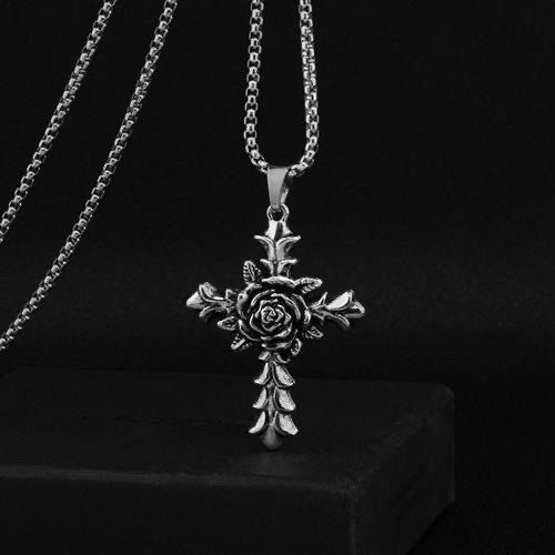 Vintage Stainless Hip Hop Punk Steel Fashion Rose Cross Pendant Jewelry Necklace