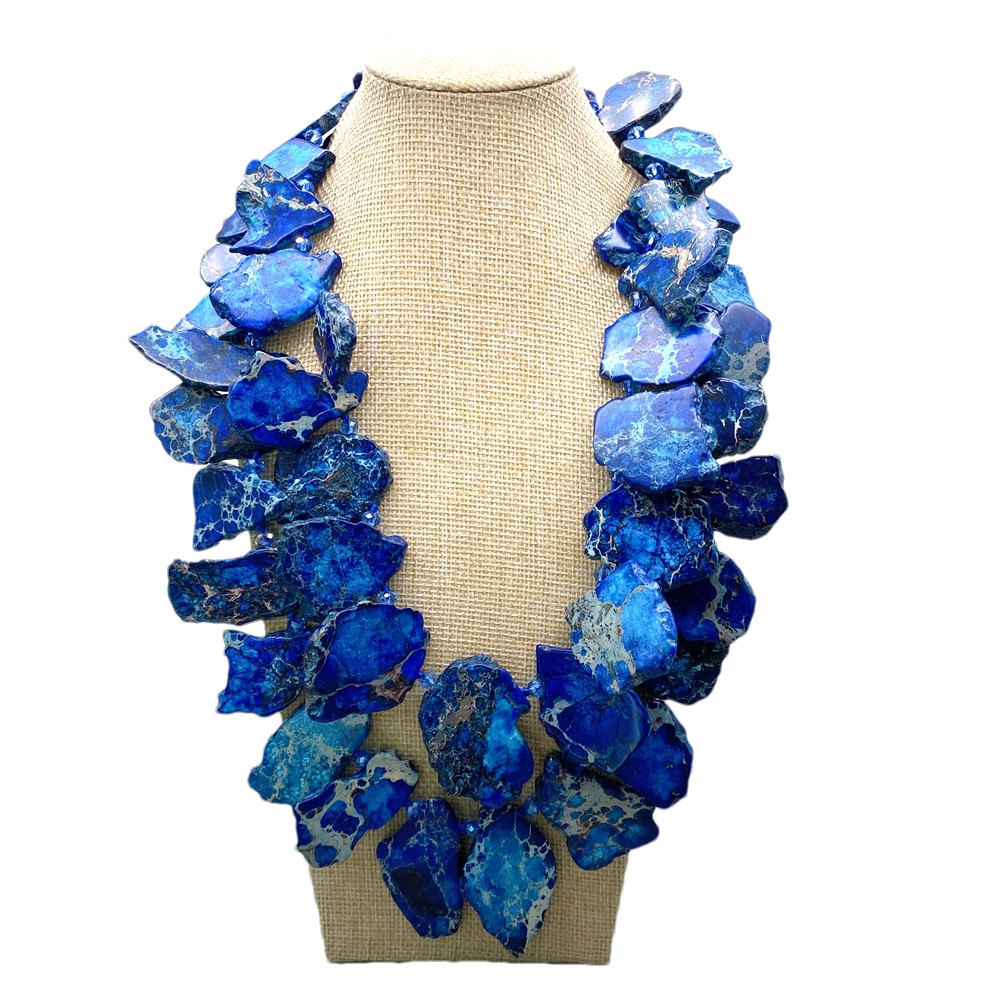 2 Strands Deep Blue Sea Sediment Jasper Statement Necklace Style Fashion Jewelry