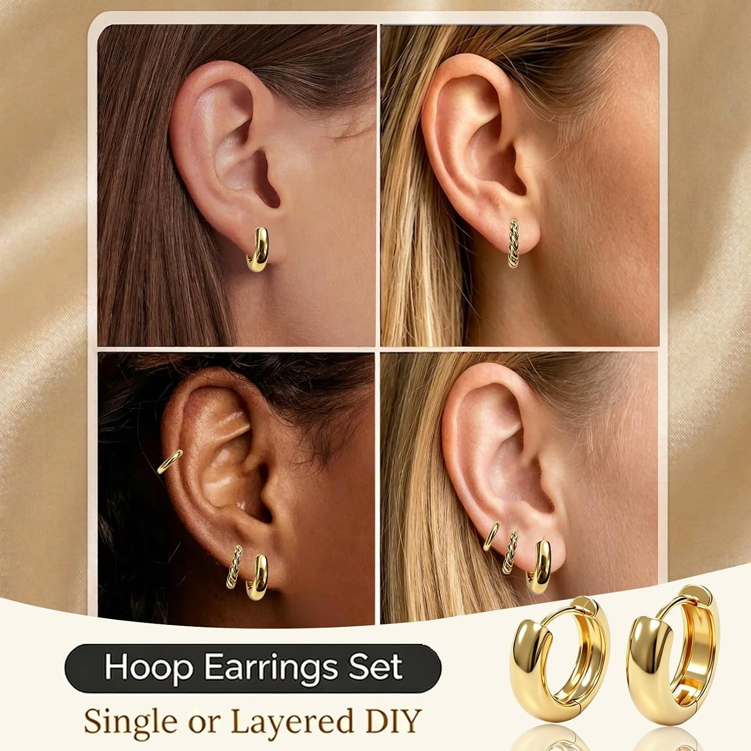 3 Pairs Gold Hoop Earrings for Women, Small 14K Plated Hypoallergenic Huggie Ear