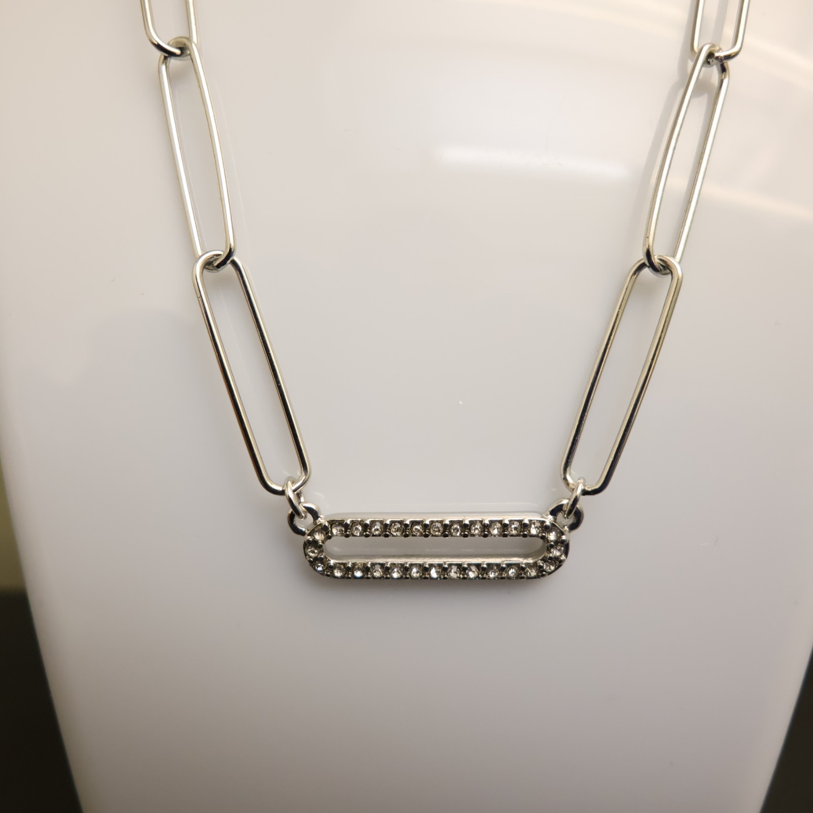 Marlyn Schiff necklace paperclip chain silvertone w crystals signed nickel free
