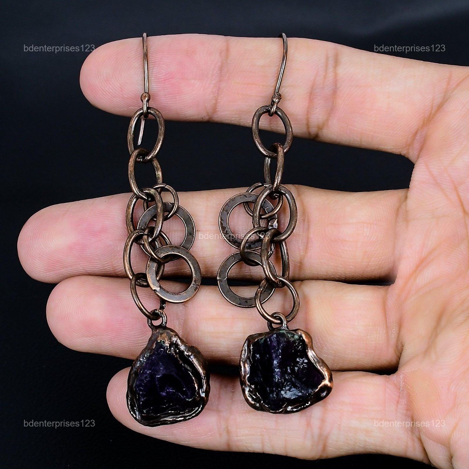 Pentagon African Amethyst Rough Gemstone Dangling Electroformed Earrings Copper