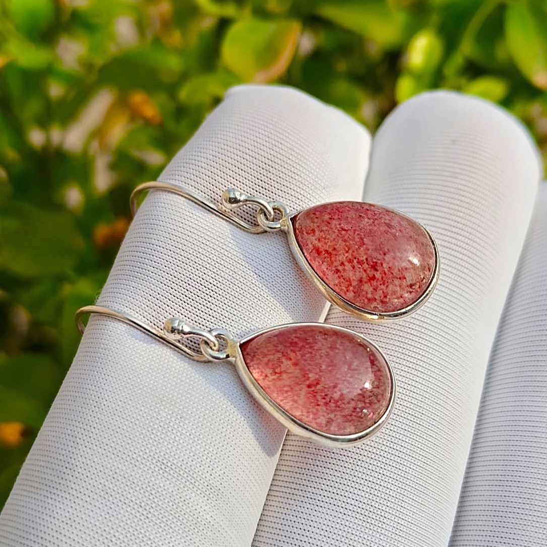 Natural Handmade Pink Strawberry Gemstone Earring 925 Sterling Silver Jewelry