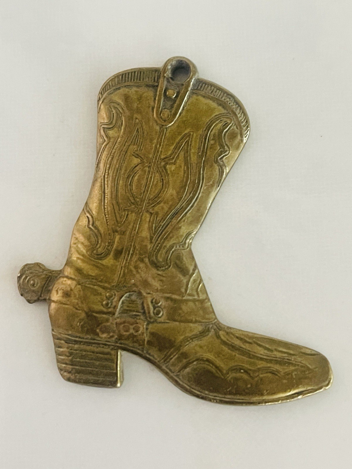 Vintage Western Cowboy Boot w/ Spur Solid Brass Pendant Jewelry 2″ 80’s