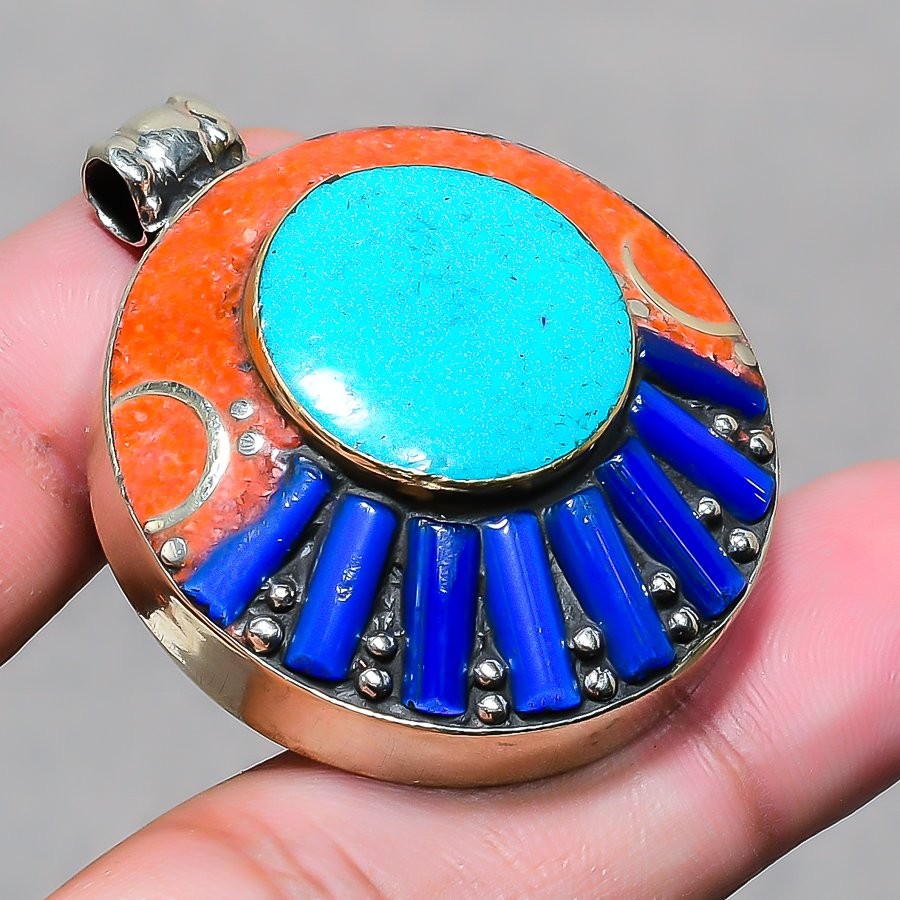 Turquoise Coral Lapis Lazuli Pendant Bahamas Tibetan Nepali Jewelry 1.7″ NP 2407