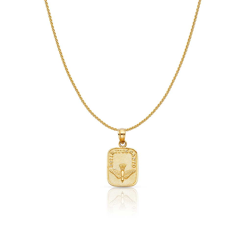 14K Yellow Gold Baptism Espiritus Santo Charm Pendant 0.9mm Wheat Chain Necklace