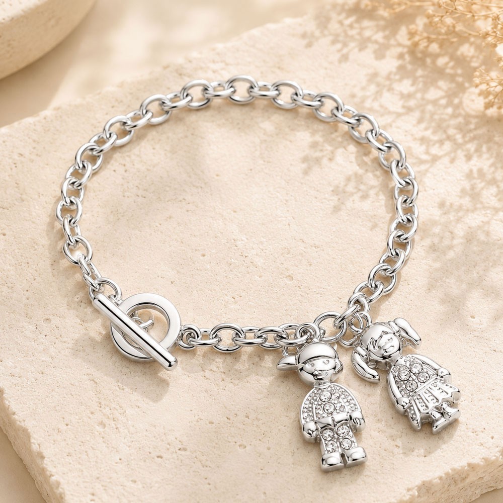 2PCS Silver Tone Couple Charm Toggle Chain Bracelet Boy Girl Crystal Charms Gift
