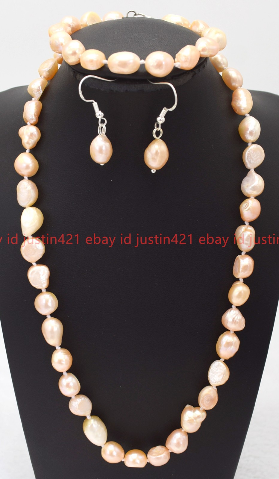 Fashion 7-8/8-9/9-10mm Pink Baroque Pearl Necklace Bracelet Earring Set 18/7.5in